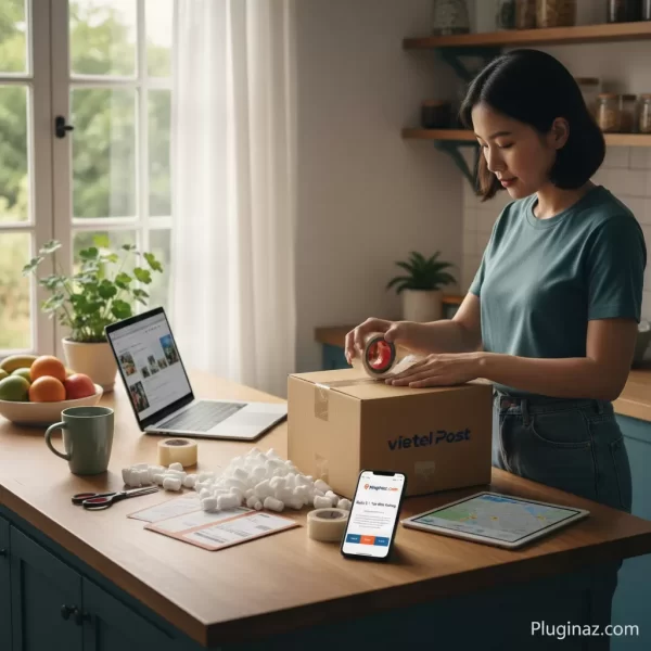 Người dùng đóng gói bưu kiện tại bàn bếp