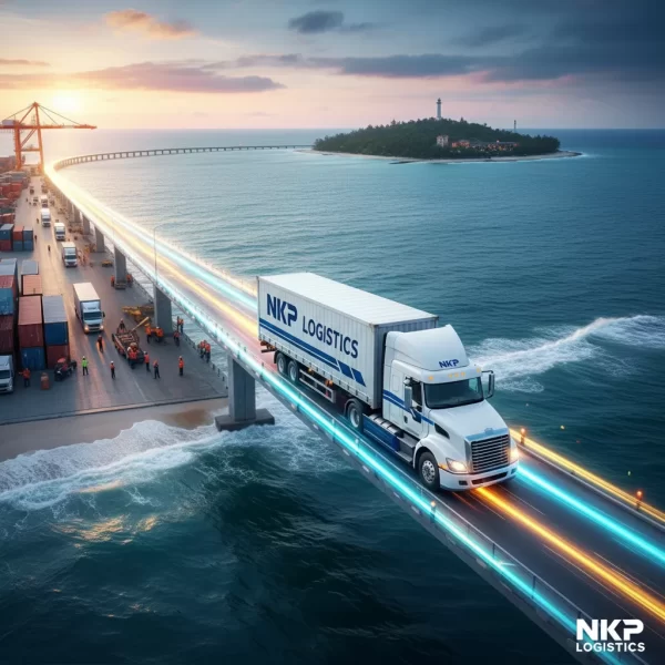 2. **Xe tải tốc hành vượt biển** (Gợi tả một hình ảnh ẩn dụ hoặc đồ họa về chiếc xe tải đang di chuyển nhanh trên một cây cầu ánh sáng hoặc con đường tượng trưng nối liền đất liền với đảo, nhấn mạnh yếu tố "nhanh").