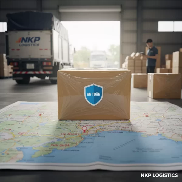 3. **Gói hàng được che chở** (Tập trung vào hình ảnh một gói hàng được bao bọc cẩn thận hoặc có biểu tượng chiếc khiên bảo vệ, đặt trên nền bản đồ tuyến đường Biên Hòa - Phú Quốc, nhấn mạnh yếu tố "an toàn").