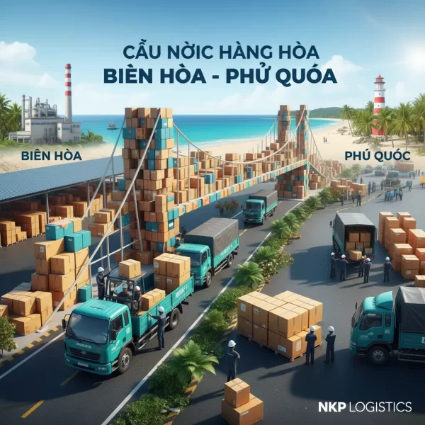 4. **Cầu nối hàng hóa Biên Hòa - Phú Quốc** (Một hình ảnh mang tính biểu tượng, có thể là đồ họa một cây cầu vững chãi được tạo nên từ những thùng hàng, kết nối hai địa danh, thể hiện sự kết nối tin cậy, giá rẻ).
