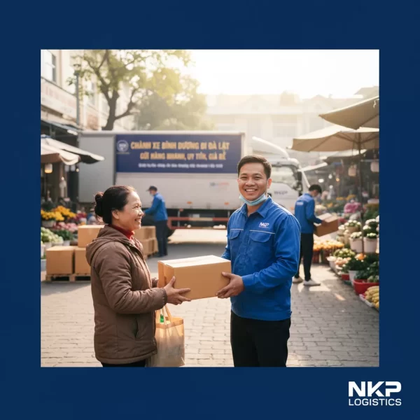 2. Tài xế tươi cười giao kiện hàng còn nguyên vẹn cho khách tại chợ Đà Lạt.