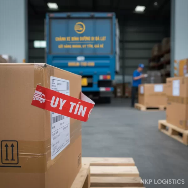 4. Cận cảnh niêm phong "Uy Tín" trên một kiện hàng với nền mờ là xe tải.