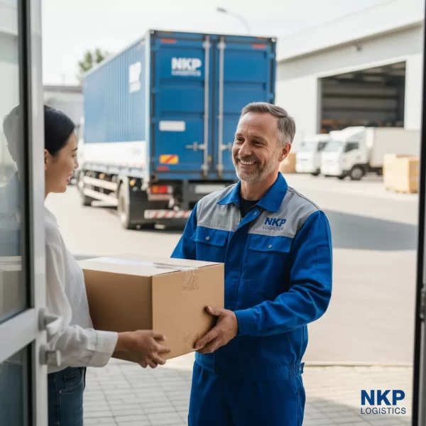 3.  Tài xế tươi cười nhận kiện hàng từ cửa nhà khách