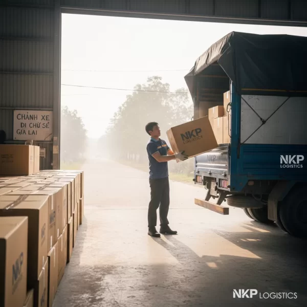 2. Bàn tay nhân viên cẩn thận bốc xếp từng thùng hàng lên xe.