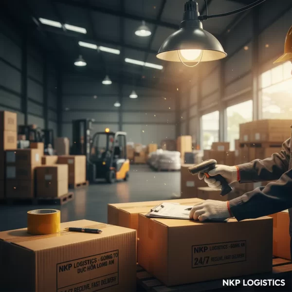 2. Bàn tay nhân viên kiểm kê hàng hóa dưới ánh đèn nhà kho.