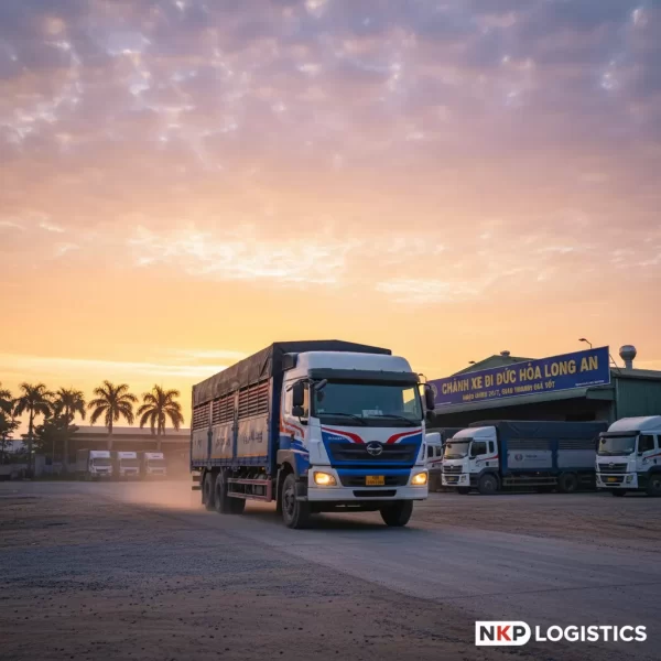 3. Xe tải lăn bánh rời bãi lúc bình minh.