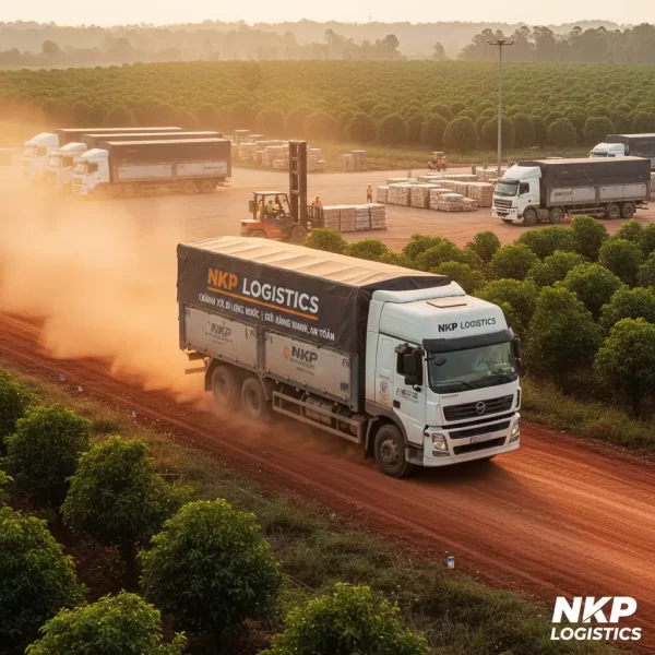 1.  Xe tải lướt nhanh trên con đường đất đỏ đặc trưng của Bình Phước.