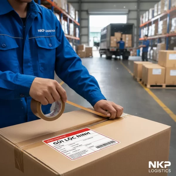 2.  Bàn tay nhân viên cẩn thận niêm phong kiện hàng ghi rõ "Gửi Lộc Ninh".