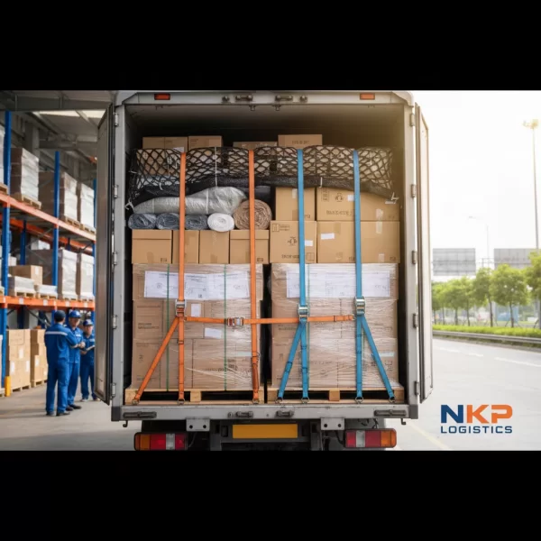 4.  Thùng xe tải được sắp xếp khoa học, các kiện hàng buộc dây chắc chắn.