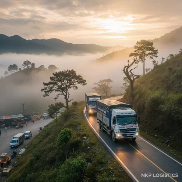 1. Xe tải chành xe vượt đèo Tây Nguyên trong sương sớm.