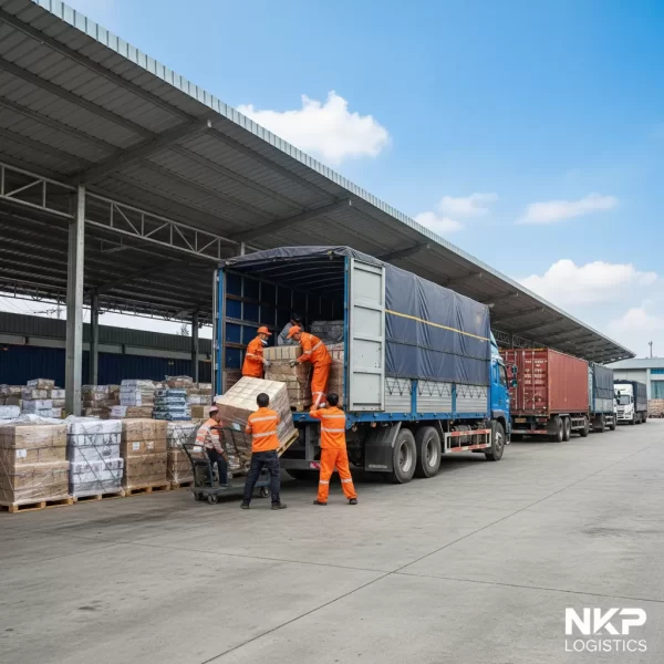 3. Kiện hàng được bốc xếp tất bật lên xe tại kho bãi.