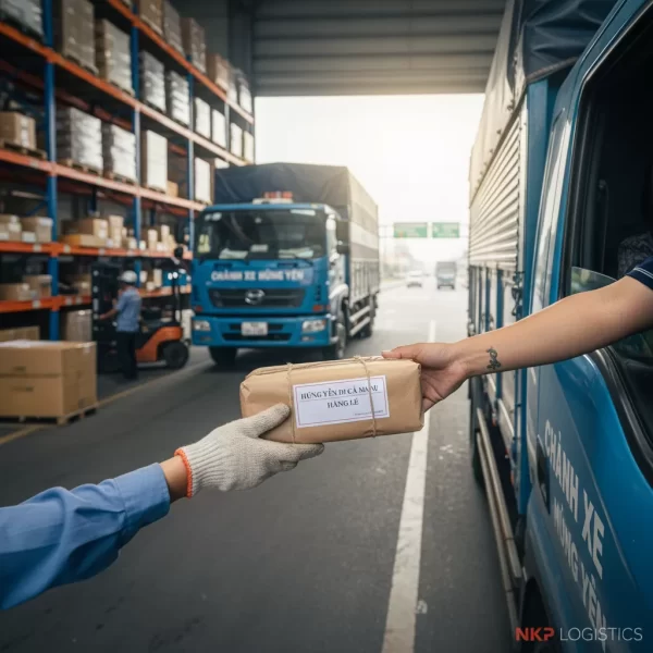 3. Bàn tay trao một gói hàng nhỏ cho tài xế xe tải.