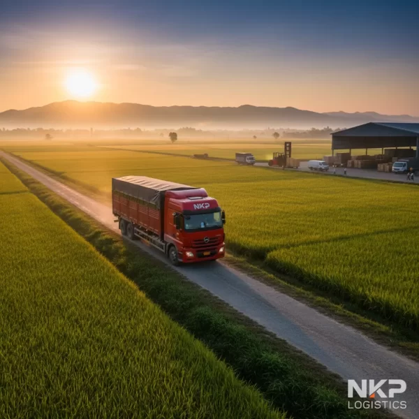 1. Xe tải NKP băng qua cánh đồng lúa An Giang lúc bình minh.