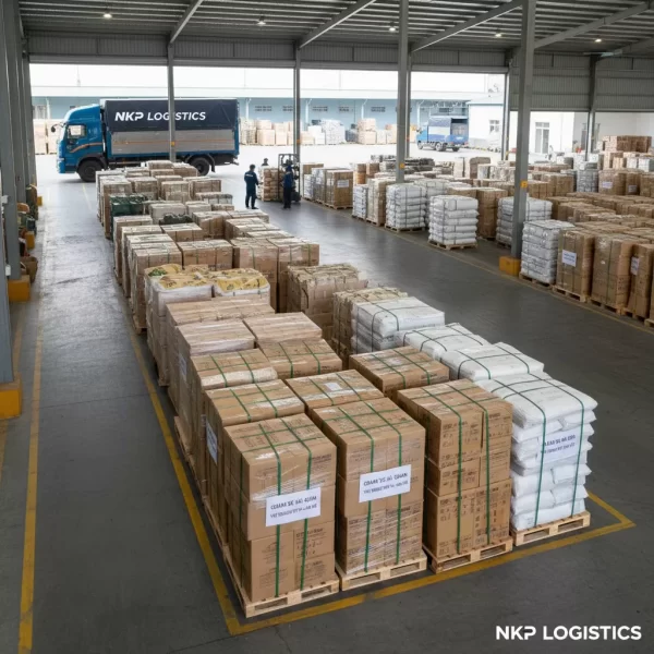 2. Hàng hóa được tập kết gọn gàng tại kho chành xe ở Sài Gòn.