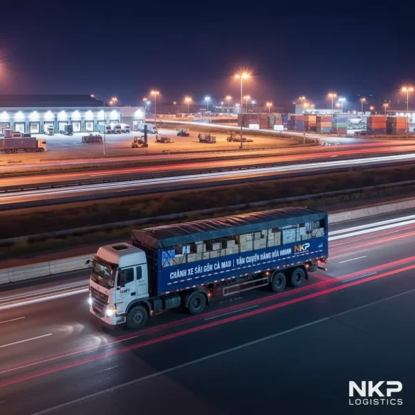 1. Xe tải chở hàng với vệt sáng tốc độ ban đêm.