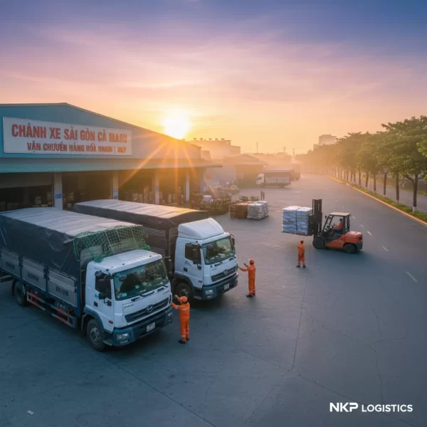 2. Bình minh tại chành xe, xe tải sẵn sàng xuất bến.