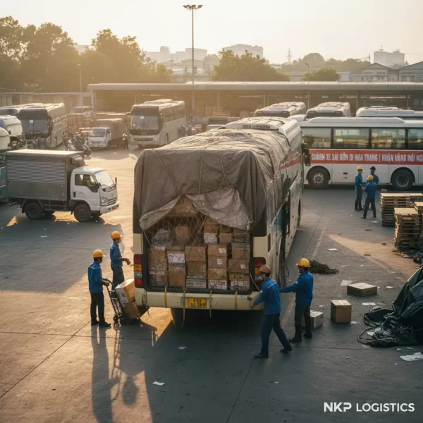 Hầm xe khách đầy ắp kiện hàng