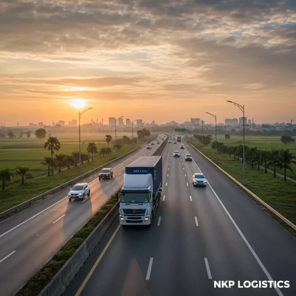 4. Xe tải di chuyển trên cao tốc Long Thành lúc bình minh.