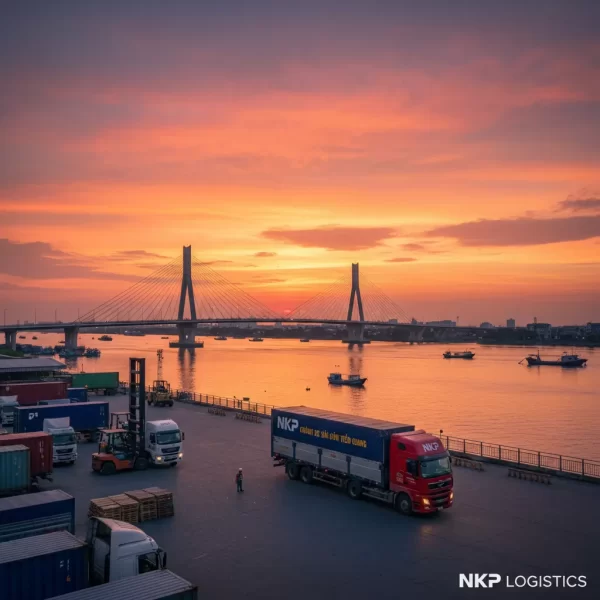 1. Xe tải NKP vượt cầu Rạch Miễu lúc hoàng hôn.