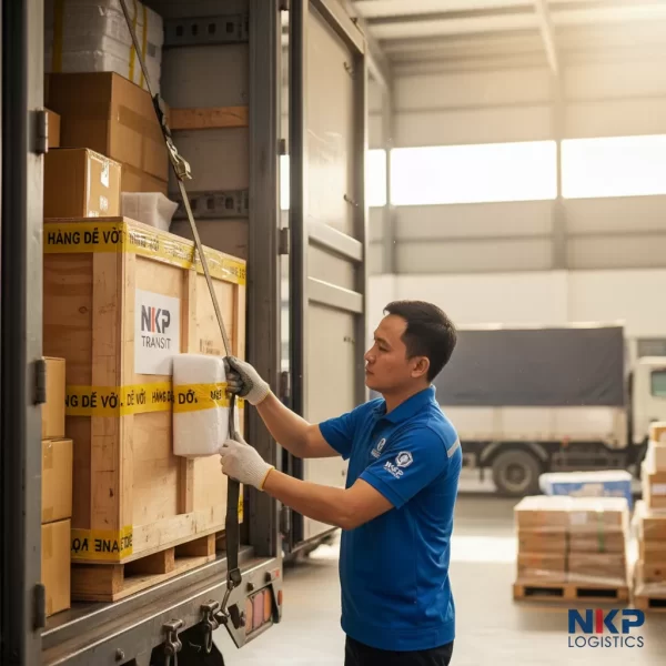 2. Nhân viên gia cố kiện hàng dễ vỡ trong thùng xe.