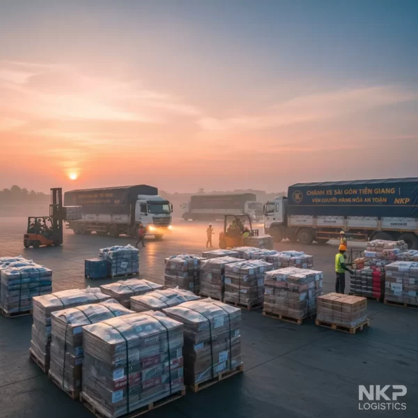 3. Hàng hóa tập kết tại kho bãi Tiền Giang lúc rạng sáng.