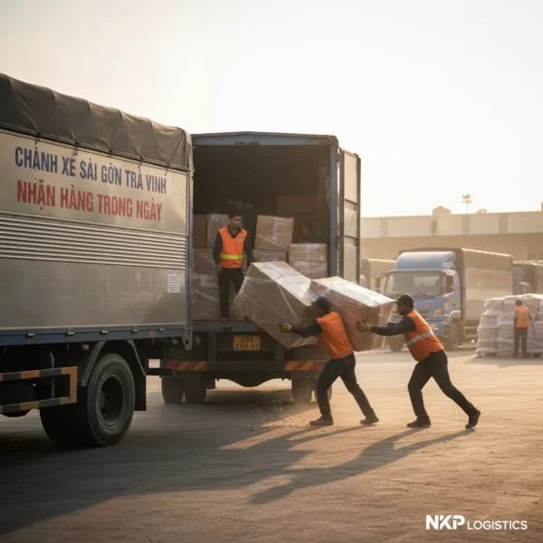 3.  Kiện hàng được xếp lên xe với hiệu ứng chuyển động mờ.