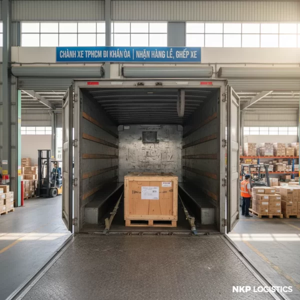 2. Một kiện hàng lẻ được xếp cẩn thận trong lòng xe tải lớn.