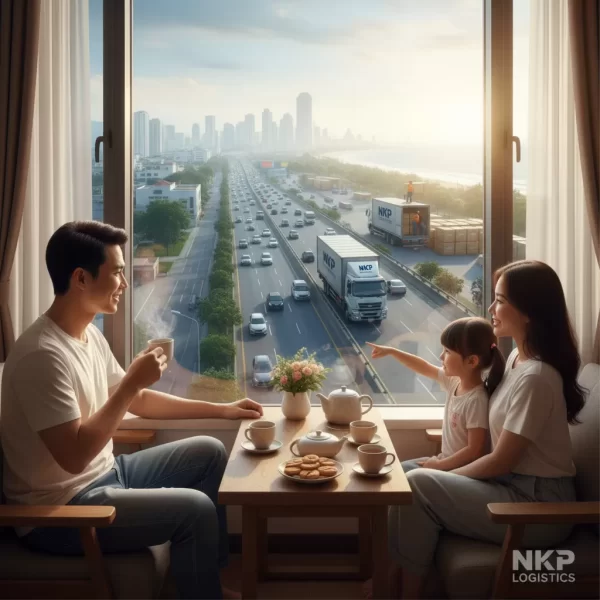 3. Gia đình thảnh thơi uống trà nhìn ra cửa sổ