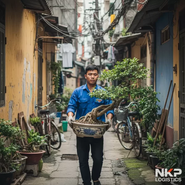 2. Nhân viên cẩn thận đưa một chậu cây cảnh qua con hẻm nhỏ đặc trưng của Bình Tân.