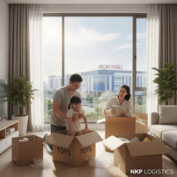 3. Gia đình trẻ vui vẻ khui thùng đồ trong căn hộ mới, phía sau cửa sổ là Aeon Mall Bình Tân.