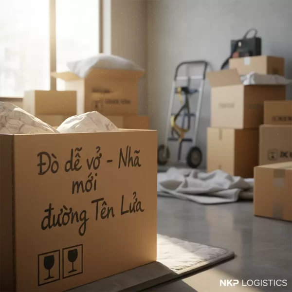 4. Cận cảnh thùng carton được ghi tay: "Đồ dễ vỡ - Nhà mới đường Tên Lửa".