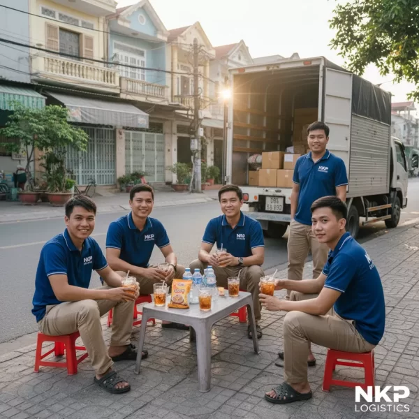 5. Đội ngũ chuyển nhà mặc đồng phục đang nghỉ giải lao, uống trà đá trên vỉa hè.