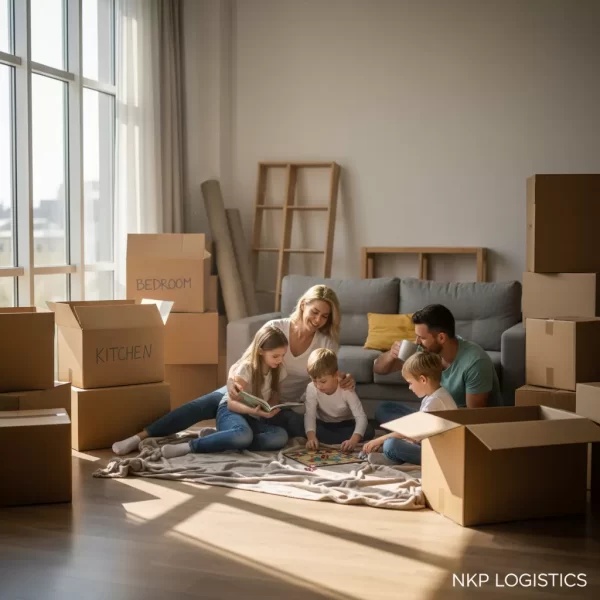 4. Gia đình thư giãn giữa những thùng đồ đã đóng gói