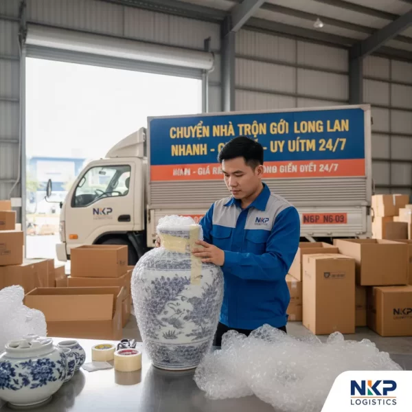 1. Nhân viên bọc lót tỉ mỉ cho món đồ gốm sứ.