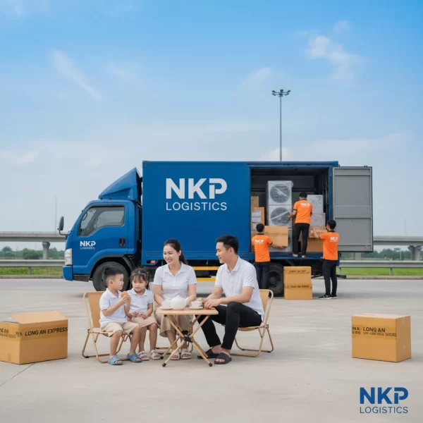 2. Gia đình an tâm ngồi uống trà trong khi đội ngũ đang chuyển đồ.