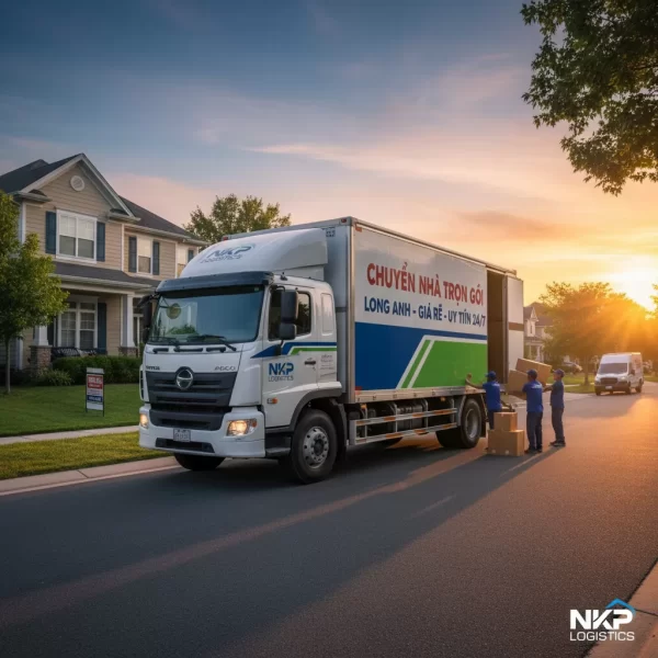 3. Xe tải chuyển nhà đậu trước cửa lúc bình minh, sẵn sàng khởi hành.