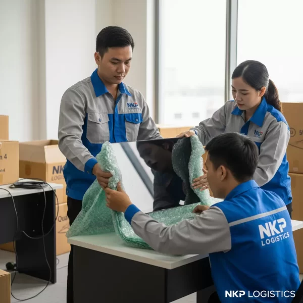 1. Đội ngũ nhân viên mặc đồng phục đang cẩn thận bọc lót màn hình máy tính.