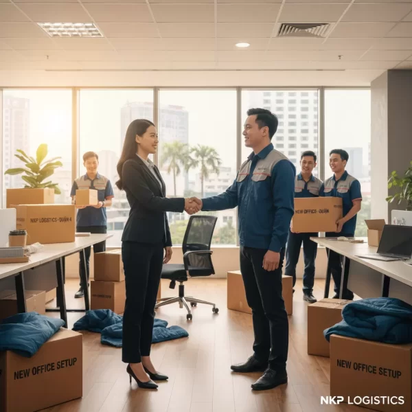 2. Giám đốc văn phòng bắt tay hài lòng với người giám sát đội chuyển dọn.
