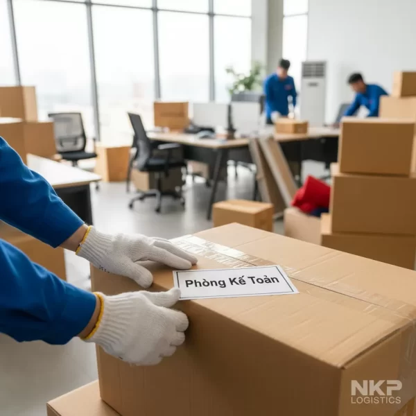 3. Cận cảnh bàn tay nhân viên dán nhãn "Phòng Kế Toán" lên thùng carton đã đóng gói.