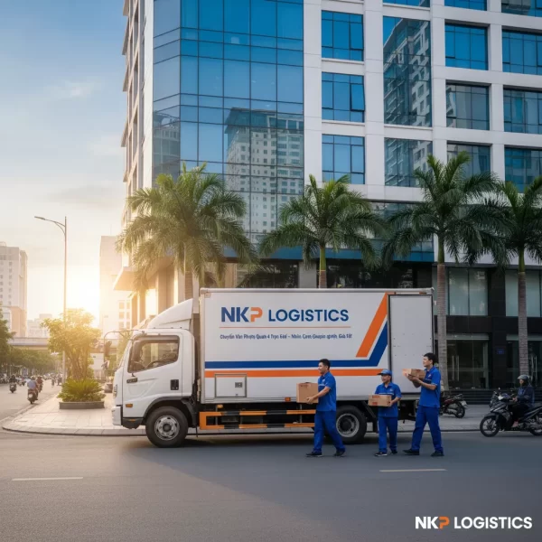 4. Xe tải chuyên dụng của dịch vụ đỗ ngay ngắn trước một tòa nhà văn phòng ở Quận 4.