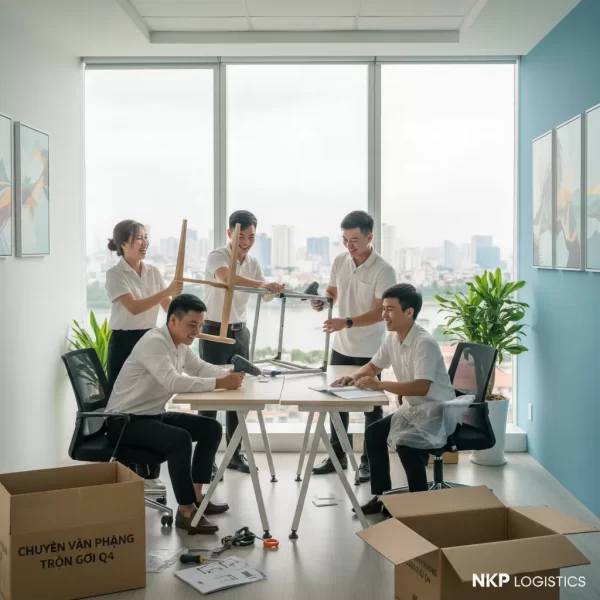 5. Nhân viên tươi cười lắp ráp bàn làm việc trong không gian văn phòng mới sáng sủa.