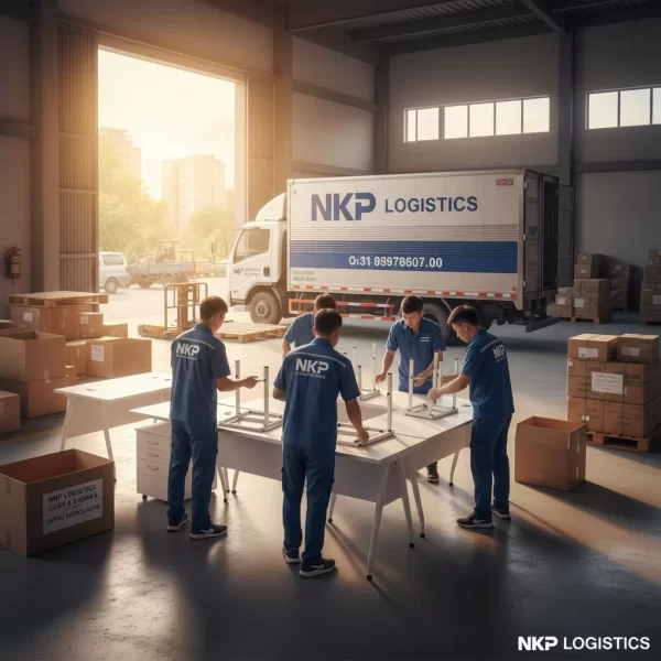 2. Đội ngũ đồng phục sắp xếp bàn làm việc trong ánh nắng chiều.