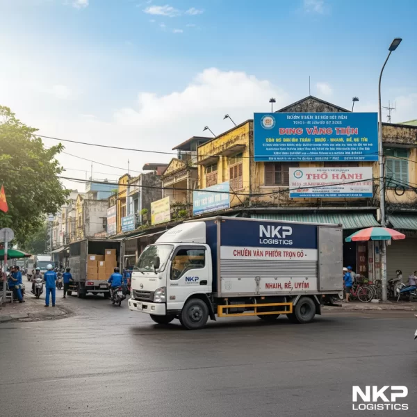 3. Xe tải chuyển văn phòng lướt nhanh qua một góc phố Quận 6.