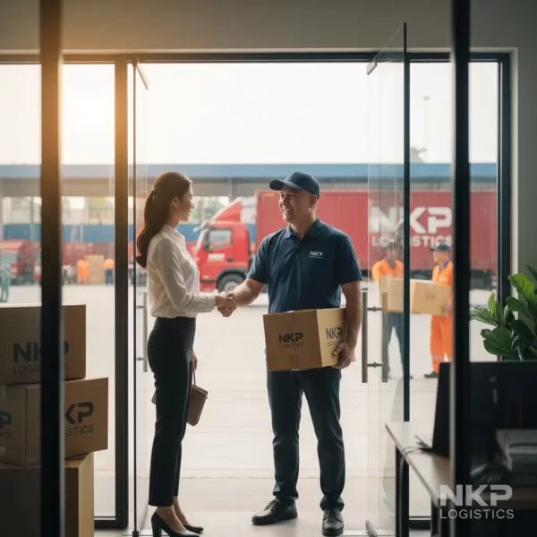 4. Giám sát viên mỉm cười bàn giao văn phòng đã hoàn thiện cho khách.