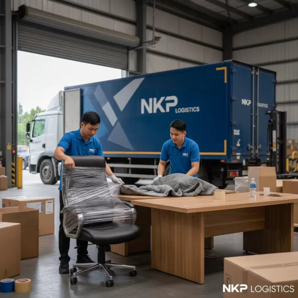 2. Nhân viên bọc lót đồ nội thất văn phòng cẩn thận.