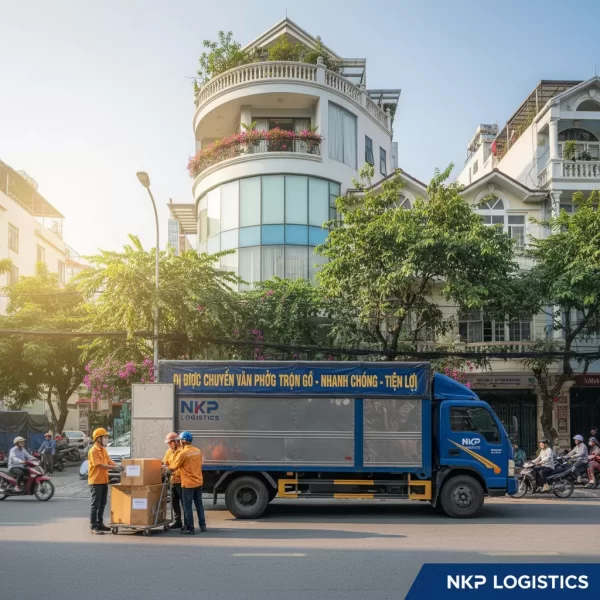 3. Xe tải chuyển văn phòng đậu trước một tòa nhà đặc trưng ở Quận 8.