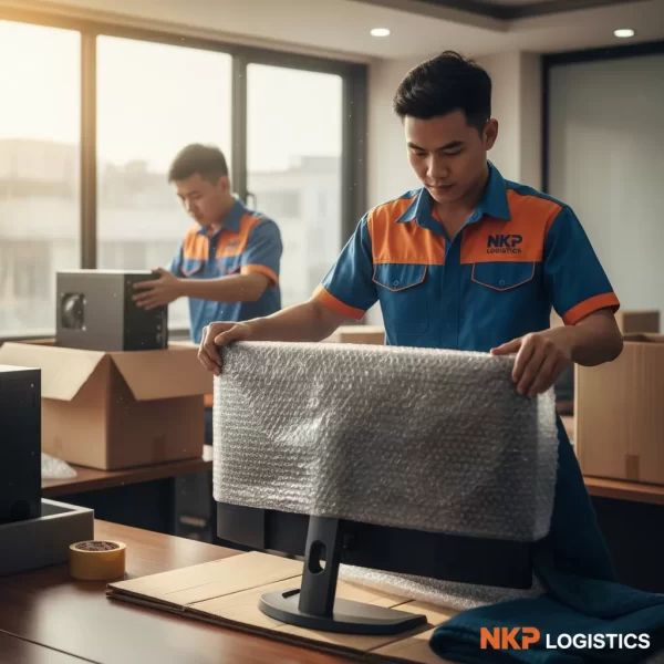 1. Nhân viên mặc đồng phục bọc lót máy tính cẩn thận.