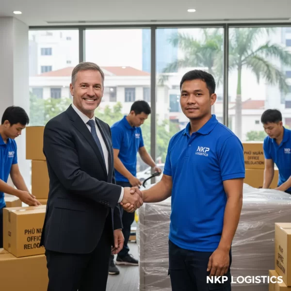 2. Giám đốc bắt tay hài lòng với đội trưởng chuyển dọn.