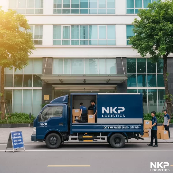 4. Xe tải chuyên dụng đang đỗ trước một toà nhà văn phòng.