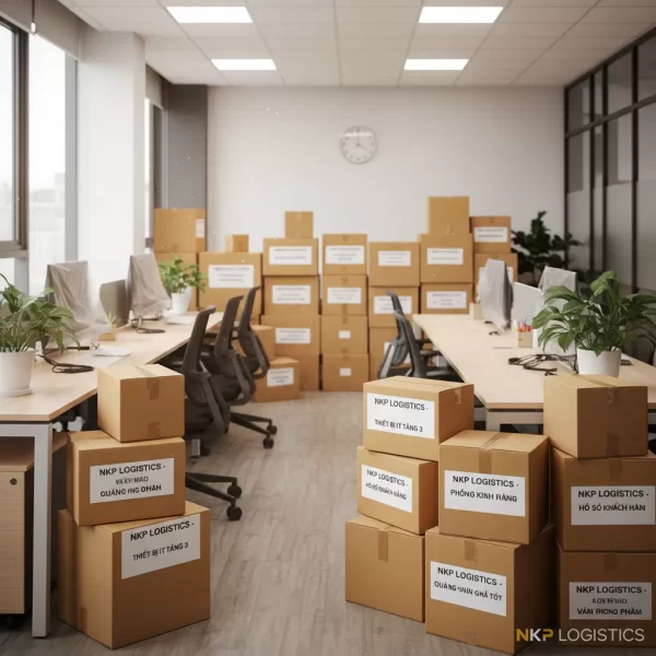 5. Văn phòng mới ngăn nắp với các thùng đồ đã được đánh dấu.